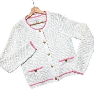 Nicole Miller Sweater Cardigan Cotton Sz M Pink White Gold Buttons Preppy Spring